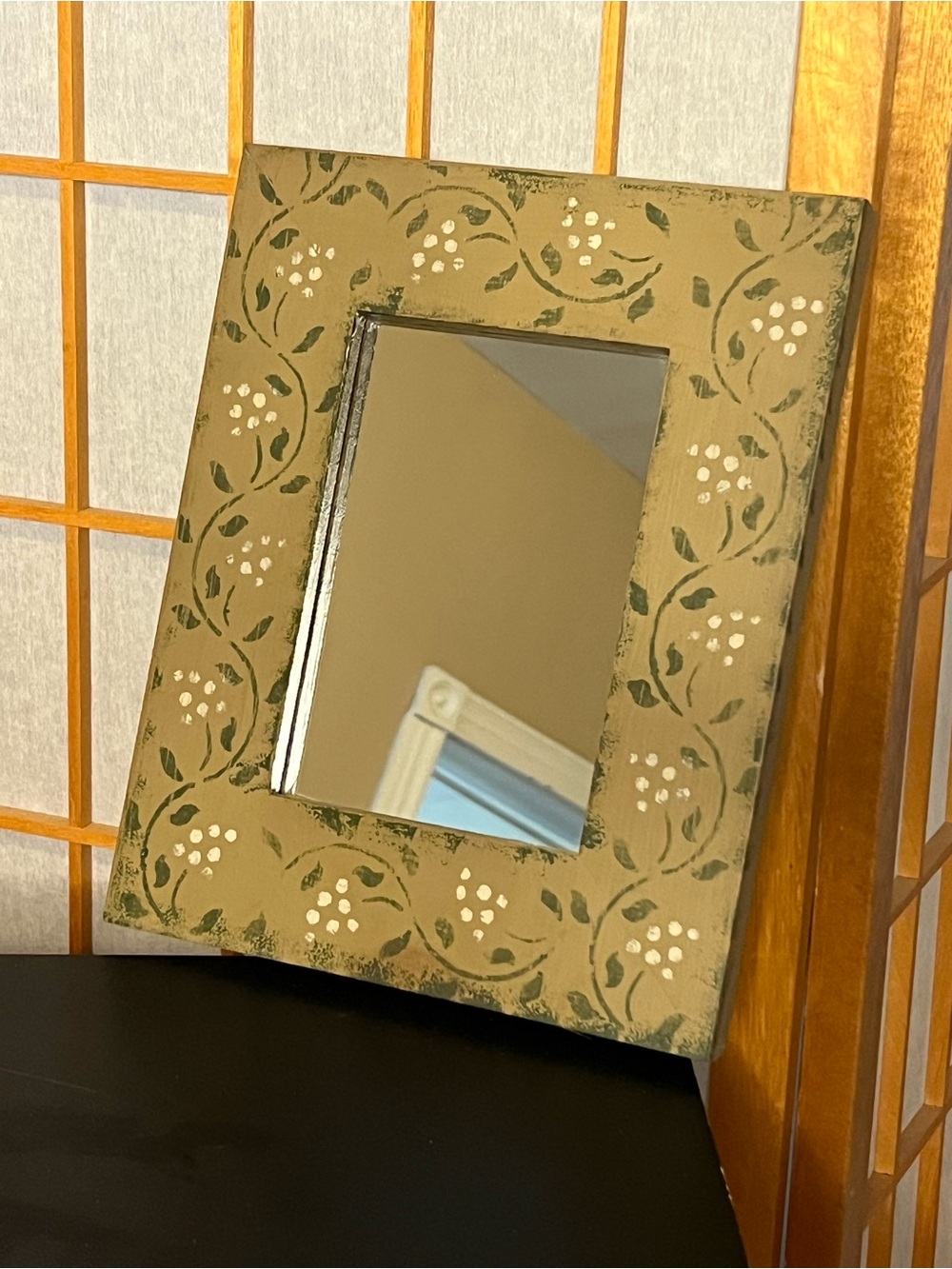 Vintage handmade painted wooden frame mirror flowers olive 10.5"